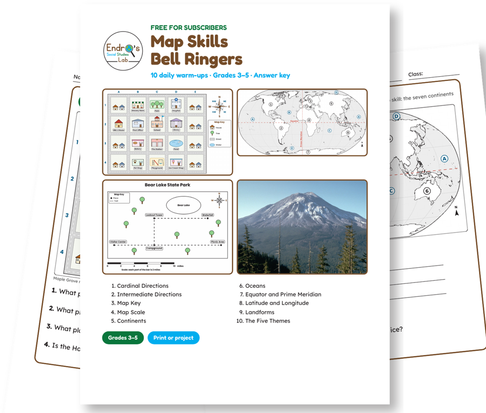 Pages from the Map Skills Bell Ringers: the cover, Day 1 cardinal directions, and Day 5 continents